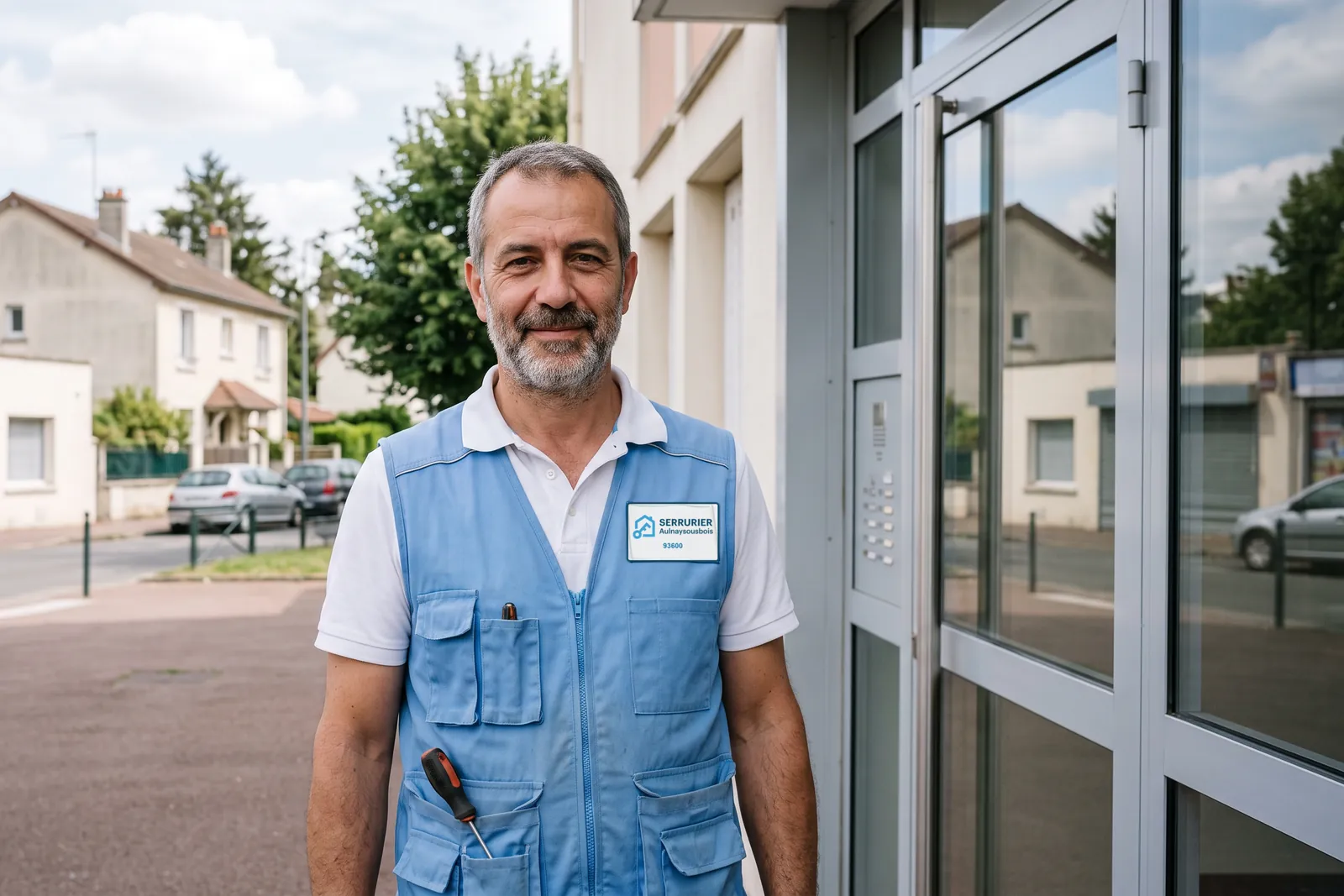 Votre serrurier à Aulnay-sous-Bois devant l'entrée d'un immeuble, gilet de travail aux couleurs de Serrurier Aulnaysousbois