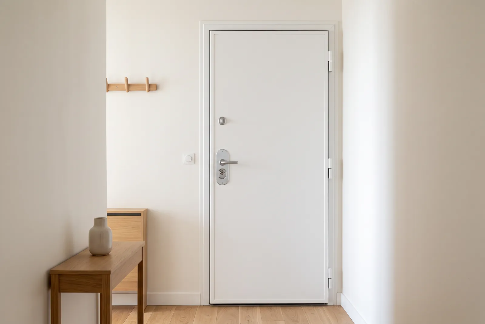 Porte blindée blanche installée dans l'entrée d'un appartement à Aulnay-sous-Bois, serrure multipoints et cylindre protégé