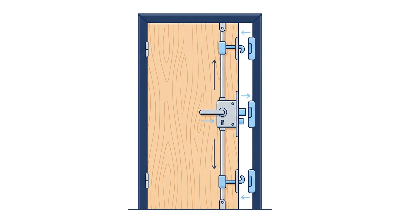 Schéma d'une serrure multipoints : boîtier central relié aux points de fermeture haut et bas