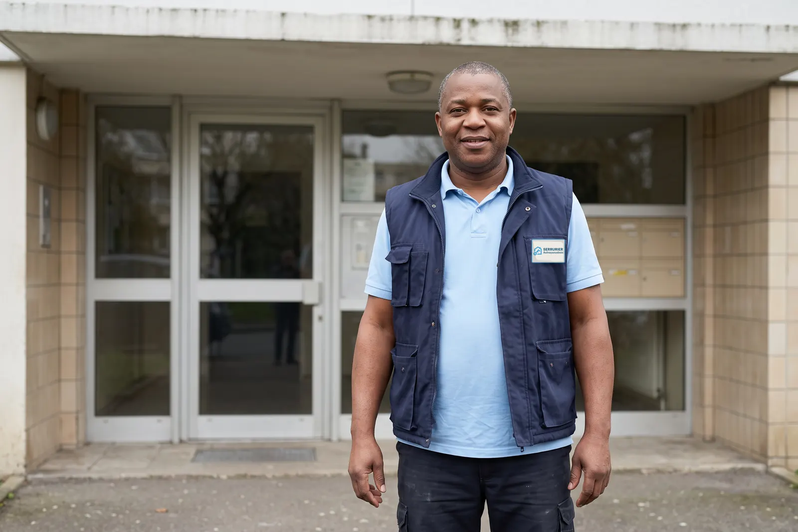 Votre serrurier à Aulnay-sous-Bois devant l'entrée d'un immeuble, gilet de travail avec l'écusson Serrurier Aulnay-sous-Bois